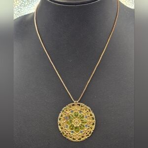 Filigree Gold Tone Pendant Blue Swarovski Crystal Green Enamel Vintage Necklace
